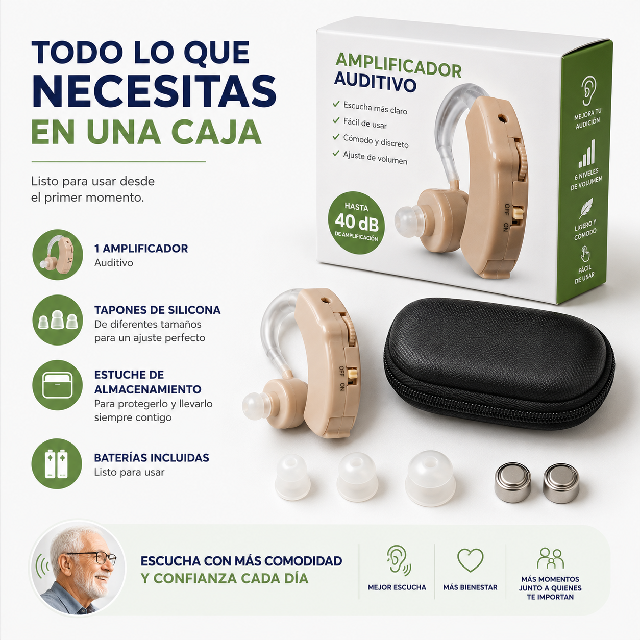 Amplificador Auditivo Ajustable - Escucha Más Claro y Disfruta Cada Conversación con Mayor Comodidad