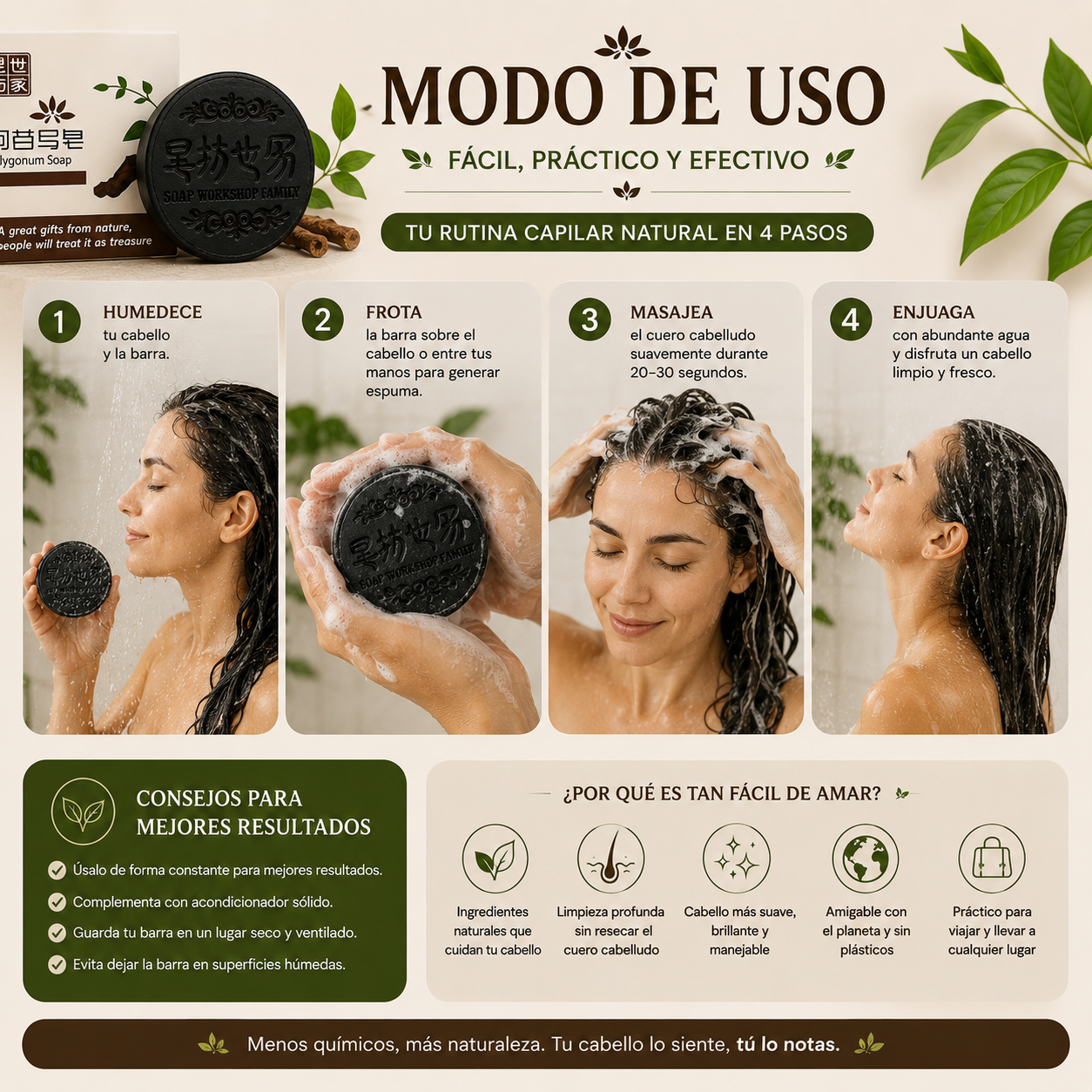 SHAMPOO EN BARRA NATURAL 🌿✨ Cabello limpio, suave y con brillo natural sin químicos agresivos