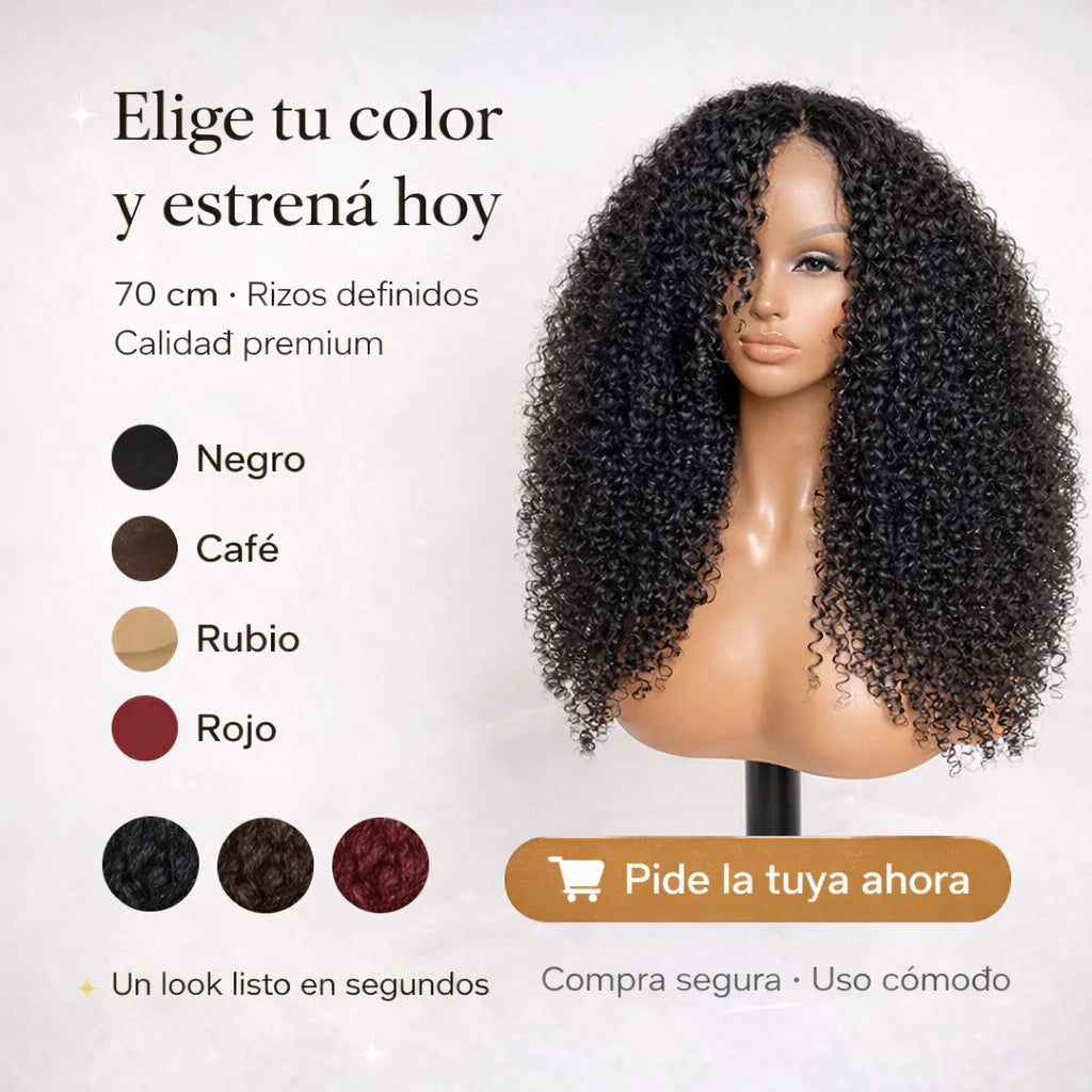 Perfect Hair l Peluca Rizada 70 cms de cabello Semi humano - Disimula la calvicie.