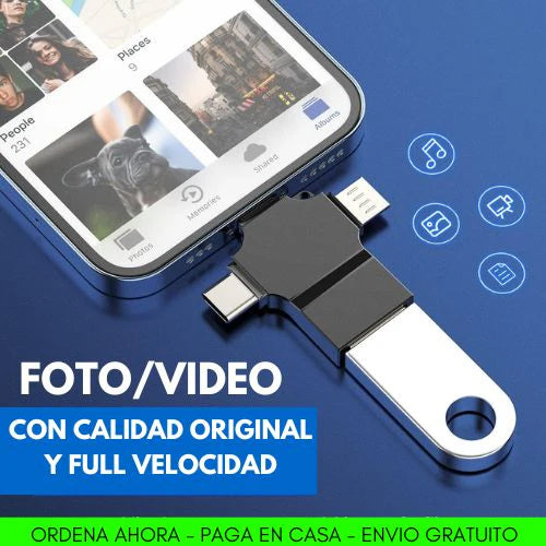 Adaptador OTG 4 en 1 – Transfiere Fotos y Videos al Instante en iPhone, Android y Pc