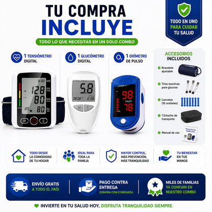 COMBO SALUD 3 EN 1™ Más tranquilidad y control para tu familia desde la comodidad de tu hogar