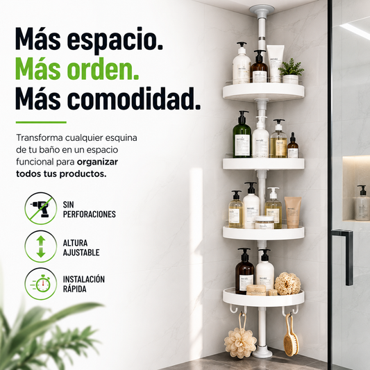 Organizador Esquinero - Aprovecha cada rincón de tu baño y mantén todo organizado sin perforar paredes.