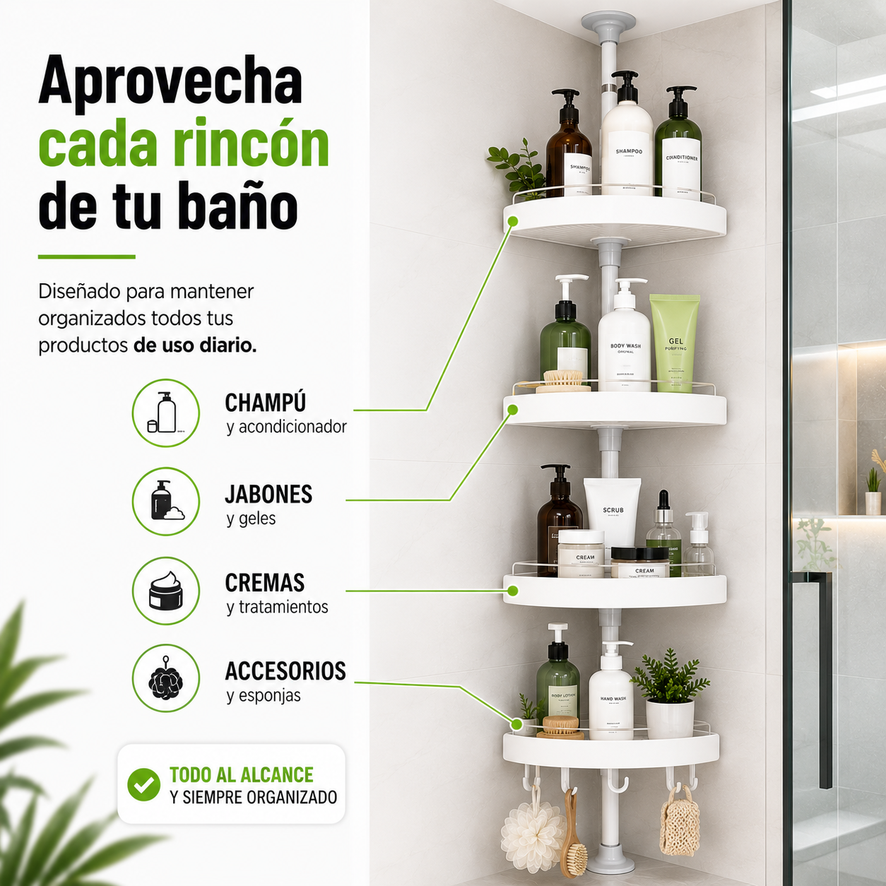 Organizador Esquinero - Aprovecha cada rincón de tu baño y mantén todo organizado sin perforar paredes.