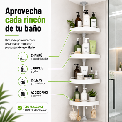 Organizador Esquinero - Aprovecha cada rincón de tu baño y mantén todo organizado sin perforar paredes.