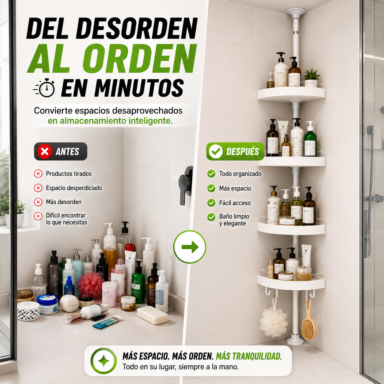 Organizador Esquinero - Aprovecha cada rincón de tu baño y mantén todo organizado sin perforar paredes.