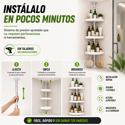 Organizador Esquinero - Aprovecha cada rincón de tu baño y mantén todo organizado sin perforar paredes.