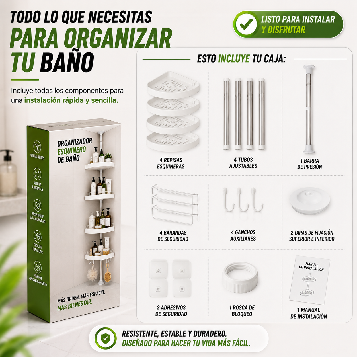 Organizador Esquinero - Aprovecha cada rincón de tu baño y mantén todo organizado sin perforar paredes.