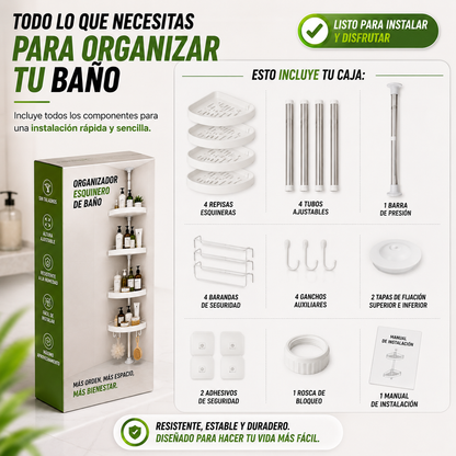 Organizador Esquinero - Aprovecha cada rincón de tu baño y mantén todo organizado sin perforar paredes.