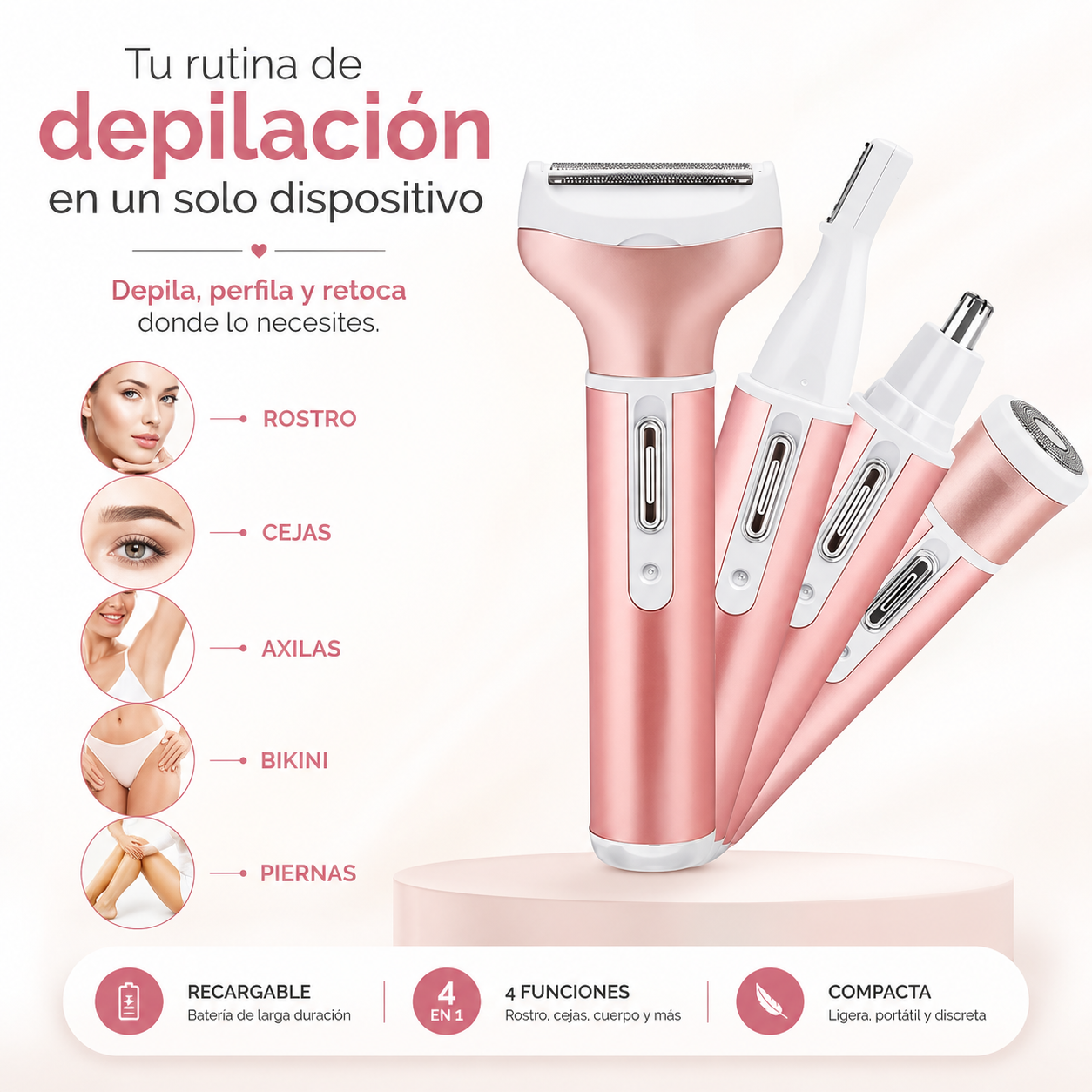 Depiladora 4 en 1 -  Cuida tu piel y mantén cada detalle bajo control desde la comodidad de tu hogar