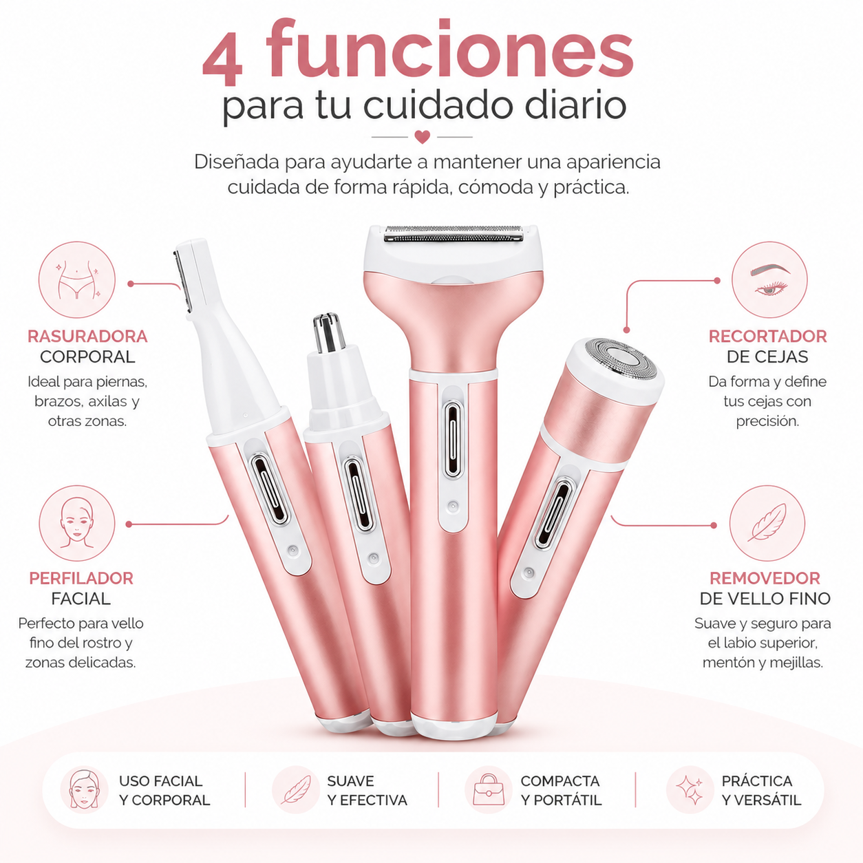 Depiladora 4 en 1 -  Cuida tu piel y mantén cada detalle bajo control desde la comodidad de tu hogar