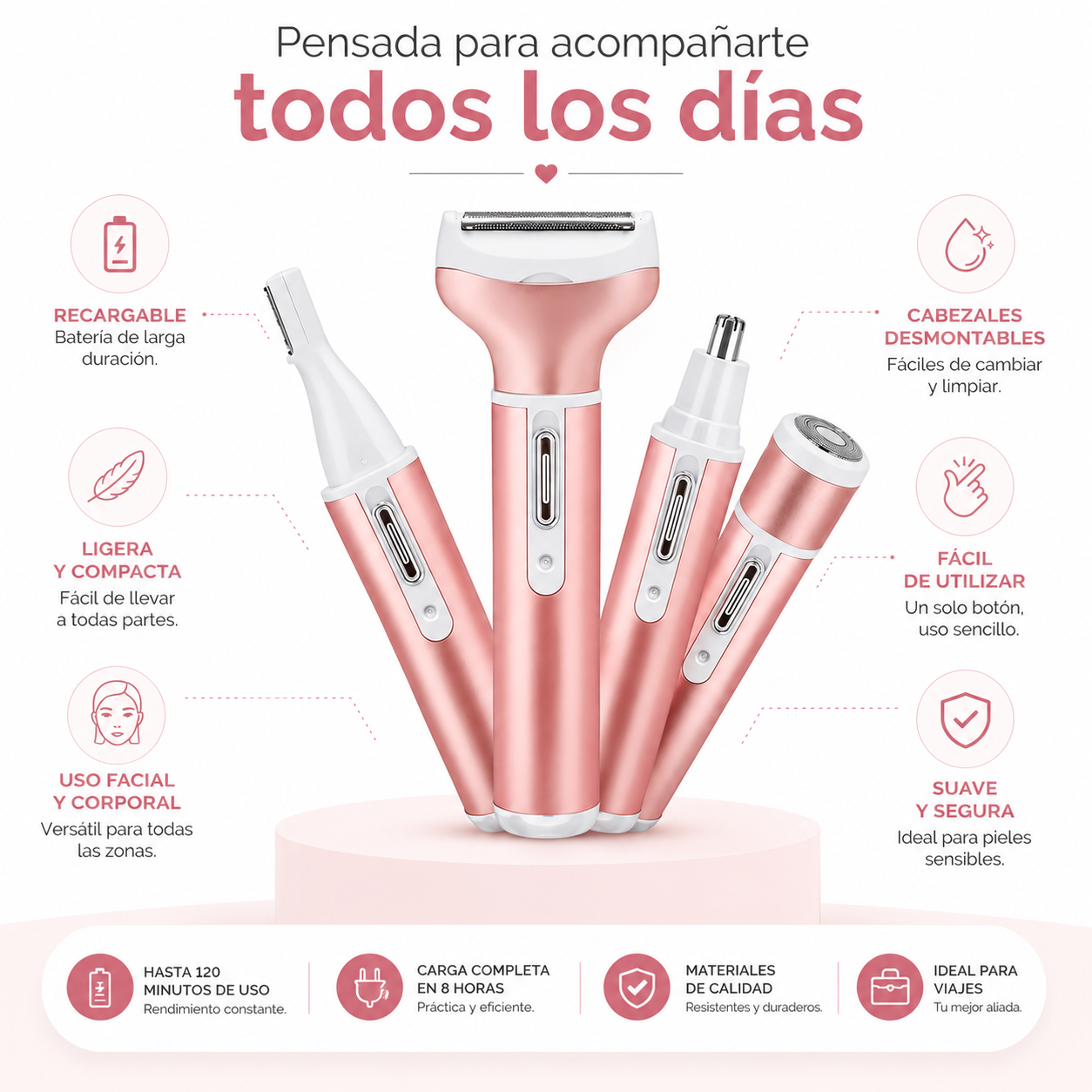 Depiladora 4 en 1 -  Cuida tu piel y mantén cada detalle bajo control desde la comodidad de tu hogar
