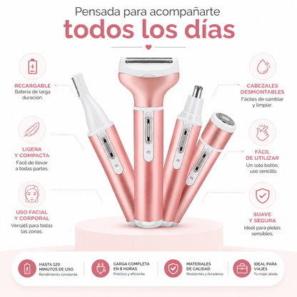 Depiladora 4 en 1 -  Cuida tu piel y mantén cada detalle bajo control desde la comodidad de tu hogar