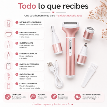 Depiladora 4 en 1 -  Cuida tu piel y mantén cada detalle bajo control desde la comodidad de tu hogar