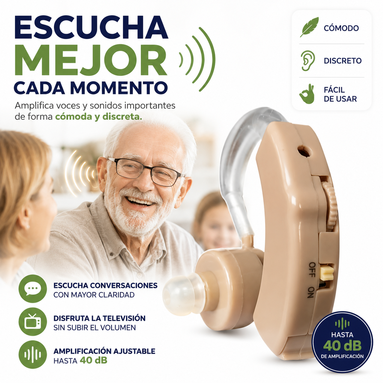 Amplificador Auditivo Ajustable - Escucha Más Claro y Disfruta Cada Conversación con Mayor Comodidad