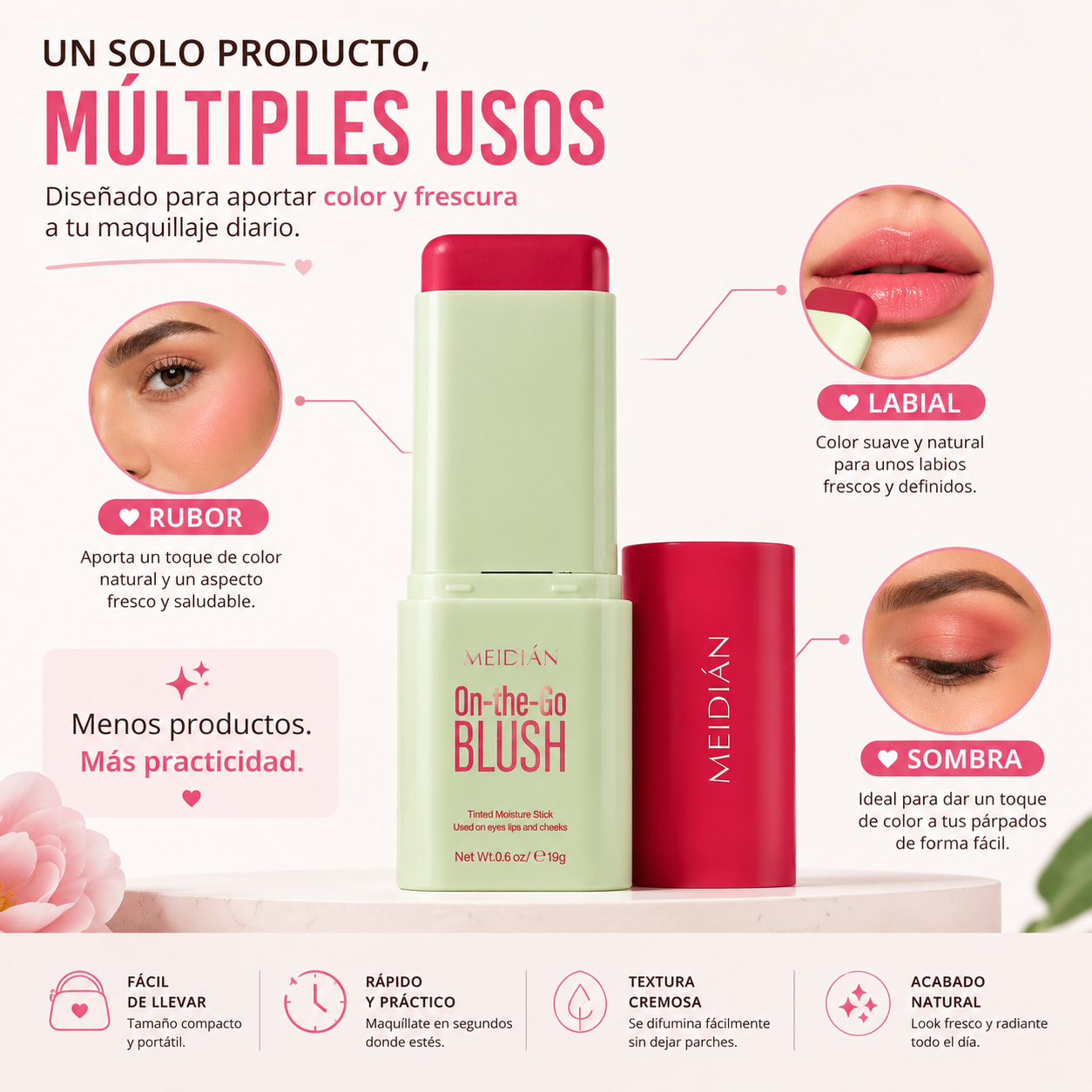 RUBOR 3 EN 1 ✨ El toque de color perfecto para mejillas, labios y párpados en un solo producto.