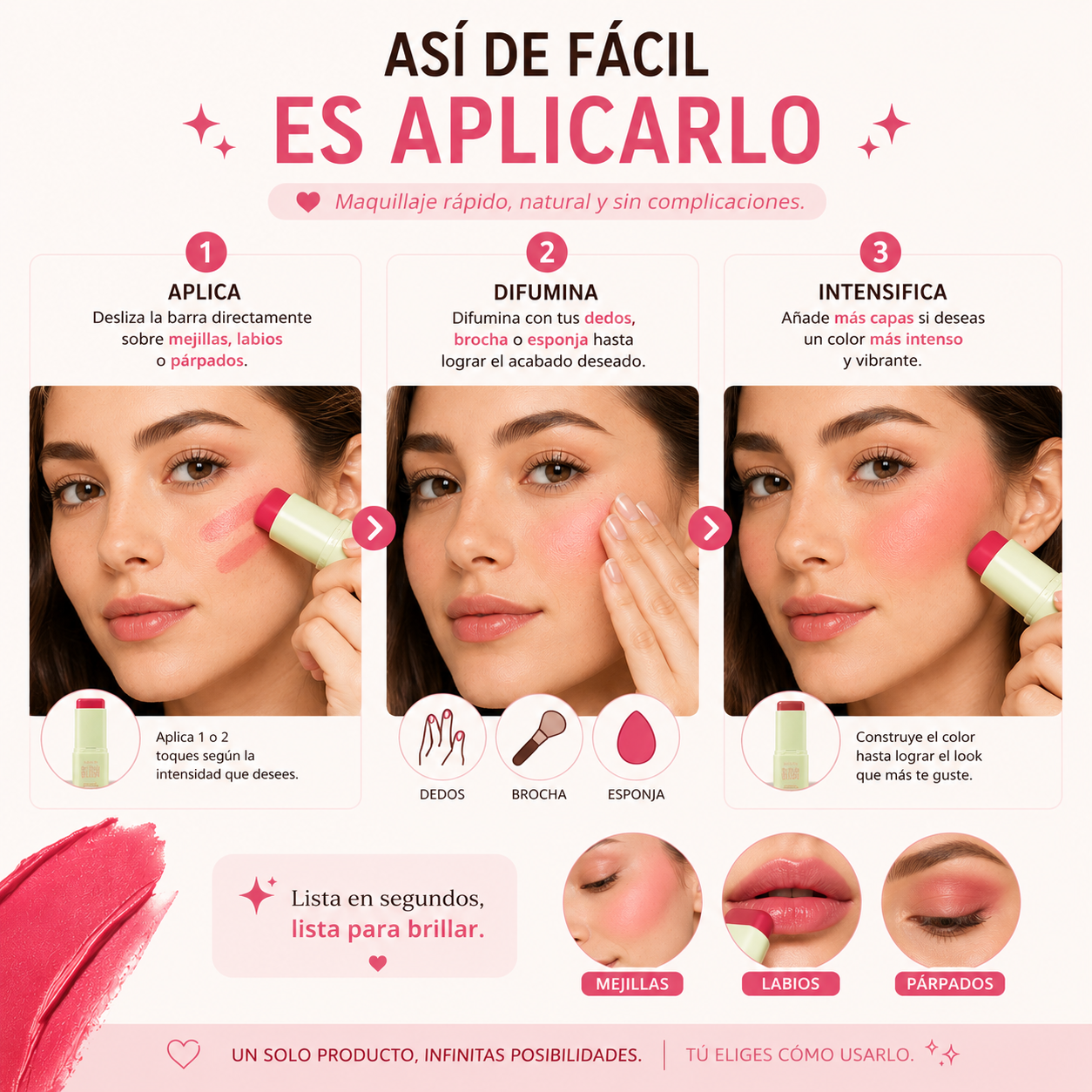 RUBOR 3 EN 1 ✨ El toque de color perfecto para mejillas, labios y párpados en un solo producto.