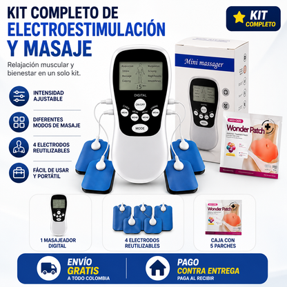 Kit Completo de Electroestimulación y Masaje Relajación muscular y bienestar en un solo equipo, listo para usar desde casa.