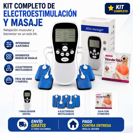 Kit Completo de Electroestimulación y Masaje Relajación muscular y bienestar en un solo equipo, listo para usar desde casa.