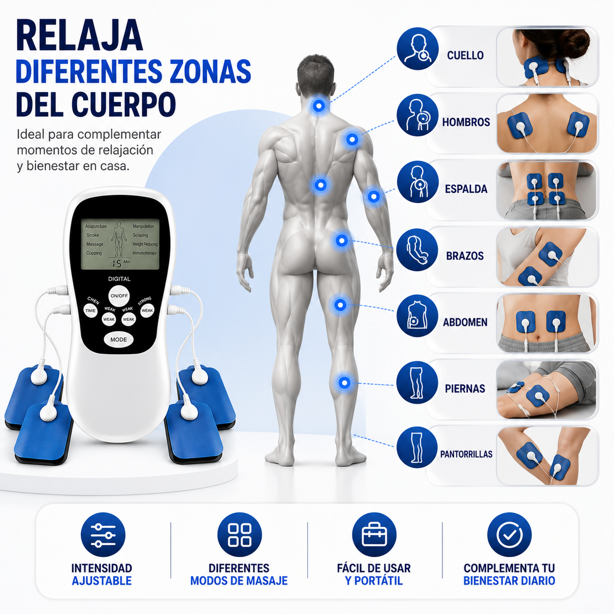 Kit Completo de Electroestimulación y Masaje Relajación muscular y bienestar en un solo equipo, listo para usar desde casa.