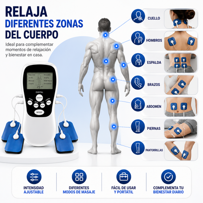 Kit Completo de Electroestimulación y Masaje Relajación muscular y bienestar en un solo equipo, listo para usar desde casa.