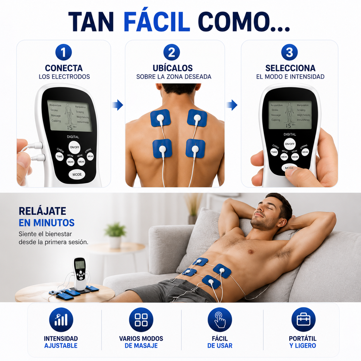 Kit Completo de Electroestimulación y Masaje Relajación muscular y bienestar en un solo equipo, listo para usar desde casa.