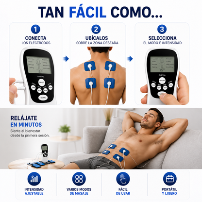 Kit Completo de Electroestimulación y Masaje Relajación muscular y bienestar en un solo equipo, listo para usar desde casa.