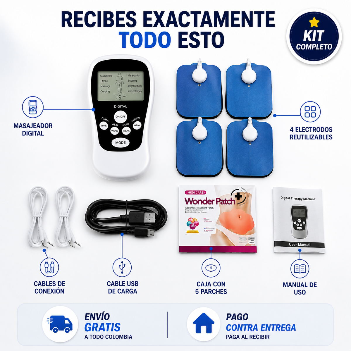 Kit Completo de Electroestimulación y Masaje Relajación muscular y bienestar en un solo equipo, listo para usar desde casa.