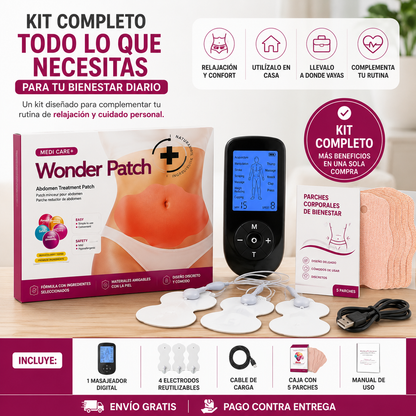 Kit Completo de Electroestimulación y Masaje Relajación muscular y bienestar en un solo equipo, listo para usar desde casa.