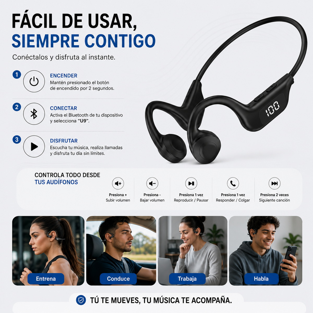 Audífonos Open Ear U9 - Escucha tu música sin dejar de escuchar lo que pasa a tu alrededor.