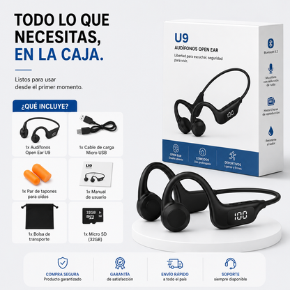 Audífonos Open Ear U9 - Escucha tu música sin dejar de escuchar lo que pasa a tu alrededor.
