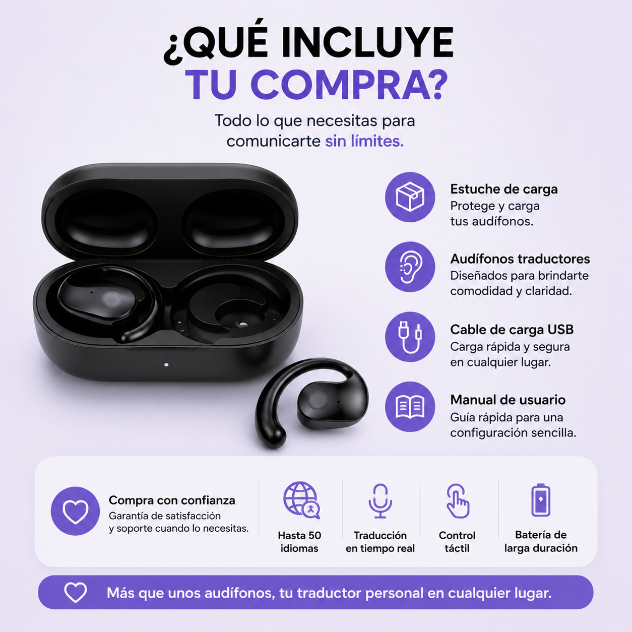 Audífonos Traductores Inteligentes con IA - Comunícate en hasta 50 idiomas de forma más fácil, estés donde estés.