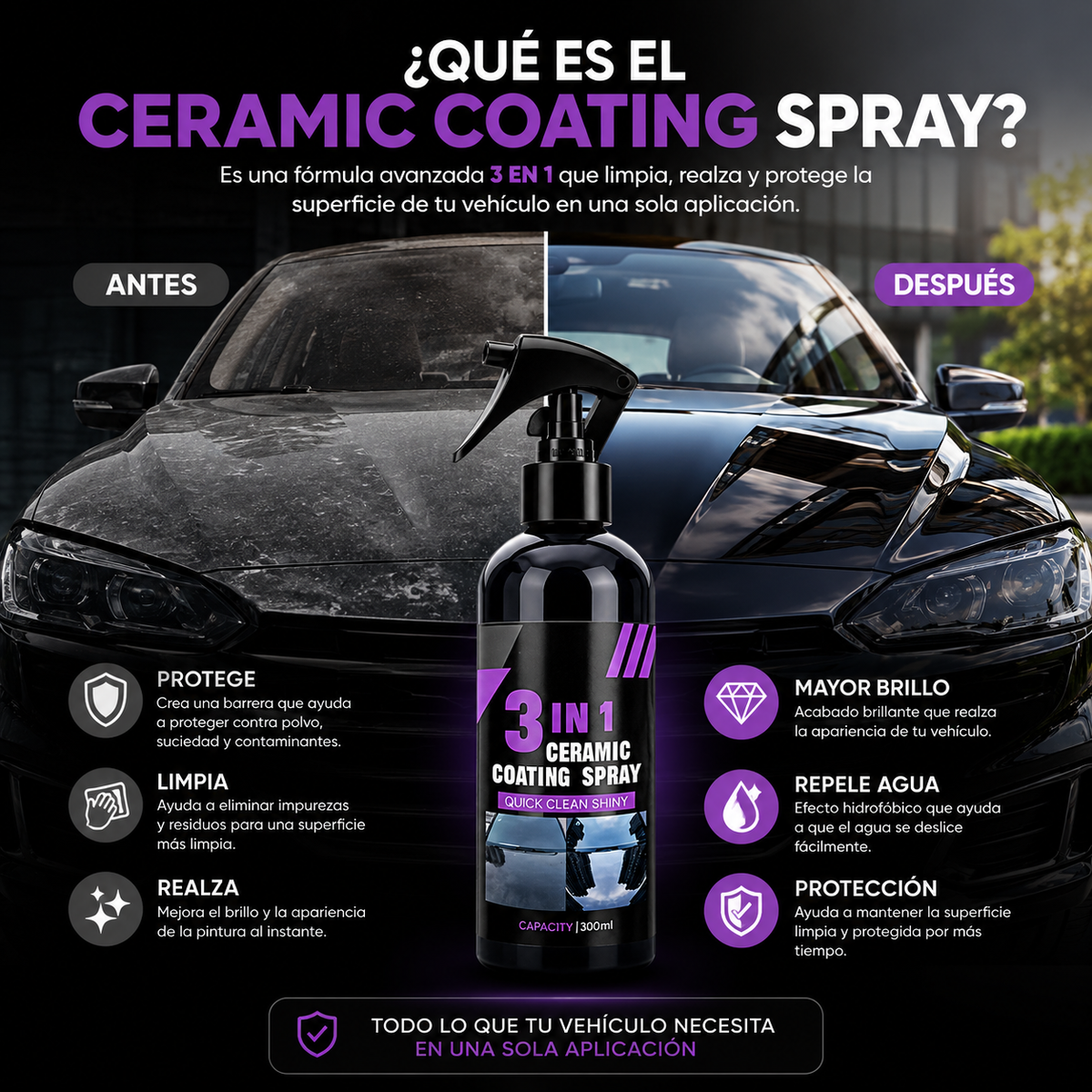 ✨ Ceramic Coating Spray 3 en 1™ - Brillo Intenso y Protección para Tu Vehículo en Minutos