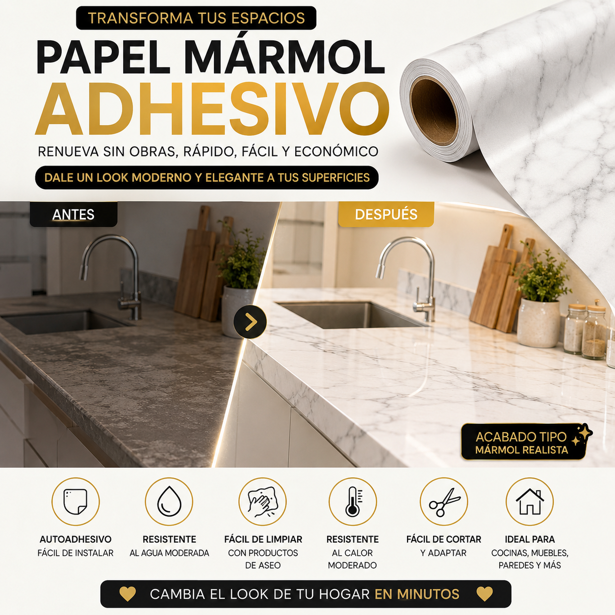 Papel Mármol Adhesivo Premium - Renueva tus espacios fácil, rápido y sin remodelaciones costosas