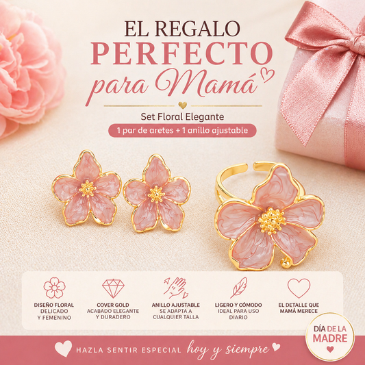 Set Floral Elegante (Aretes + Anillo Ajustable) 💝 El Regalo que Mamá Va a Usar y Amar Todos los Días