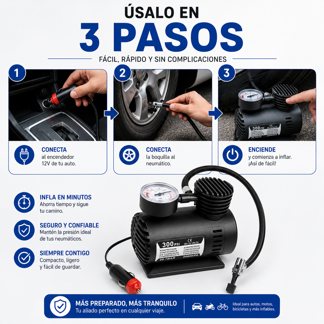 Mini Compresor de Aire 12V - Mantén tus llantas listas para el camino en cualquier momento