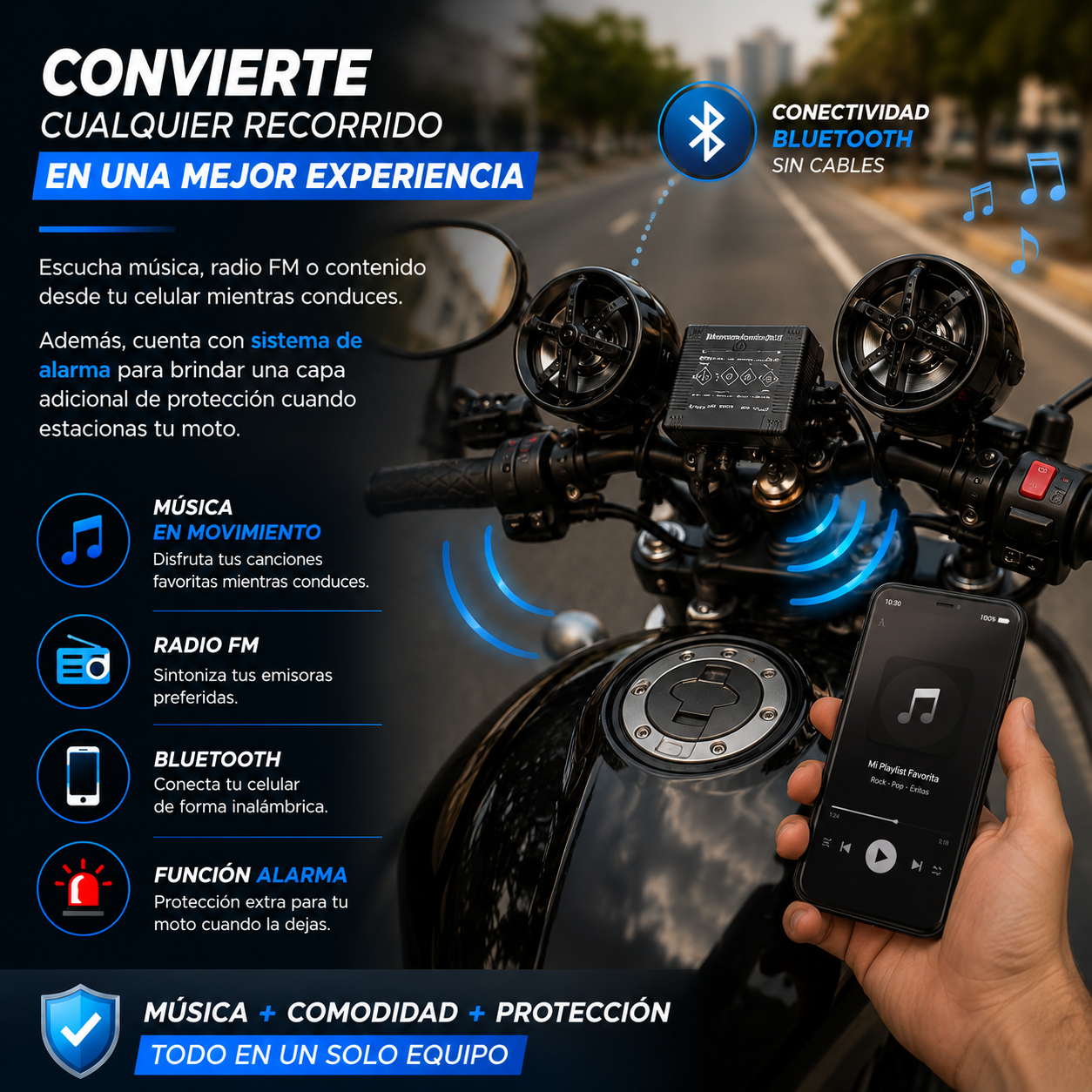 Radio Alarma Parlante™ Una Mejor Experiencia con Música y Seguridad para tu Moto