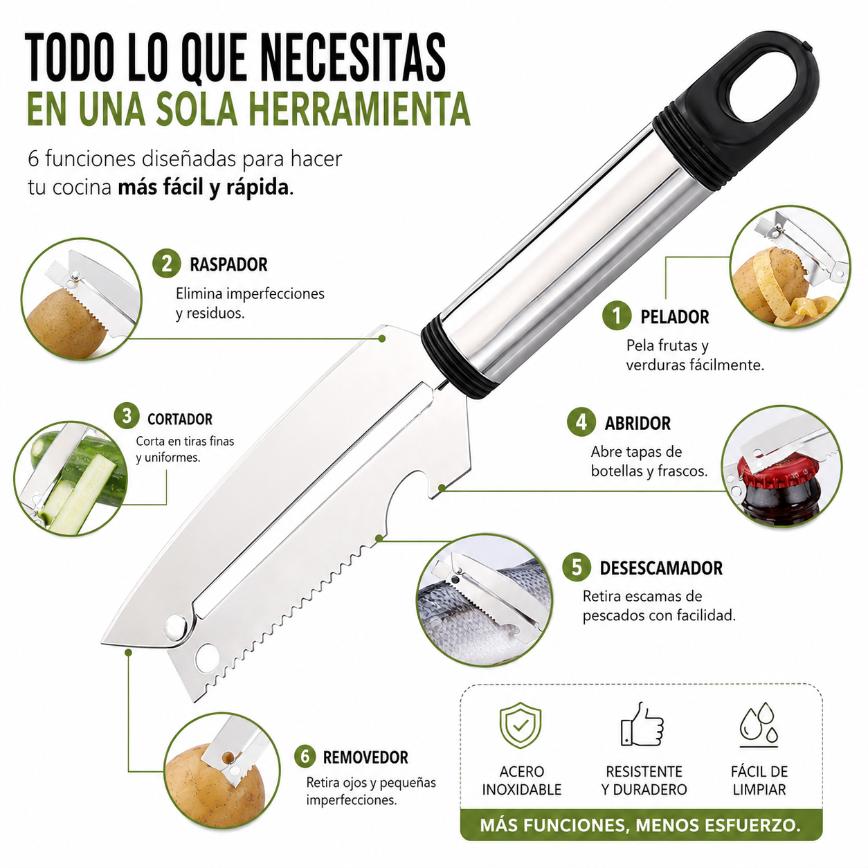PELADOR MULTIFUNCIONAL 6 EN 1™ Más rapidez, menos esfuerzo y una cocina mucho más práctica