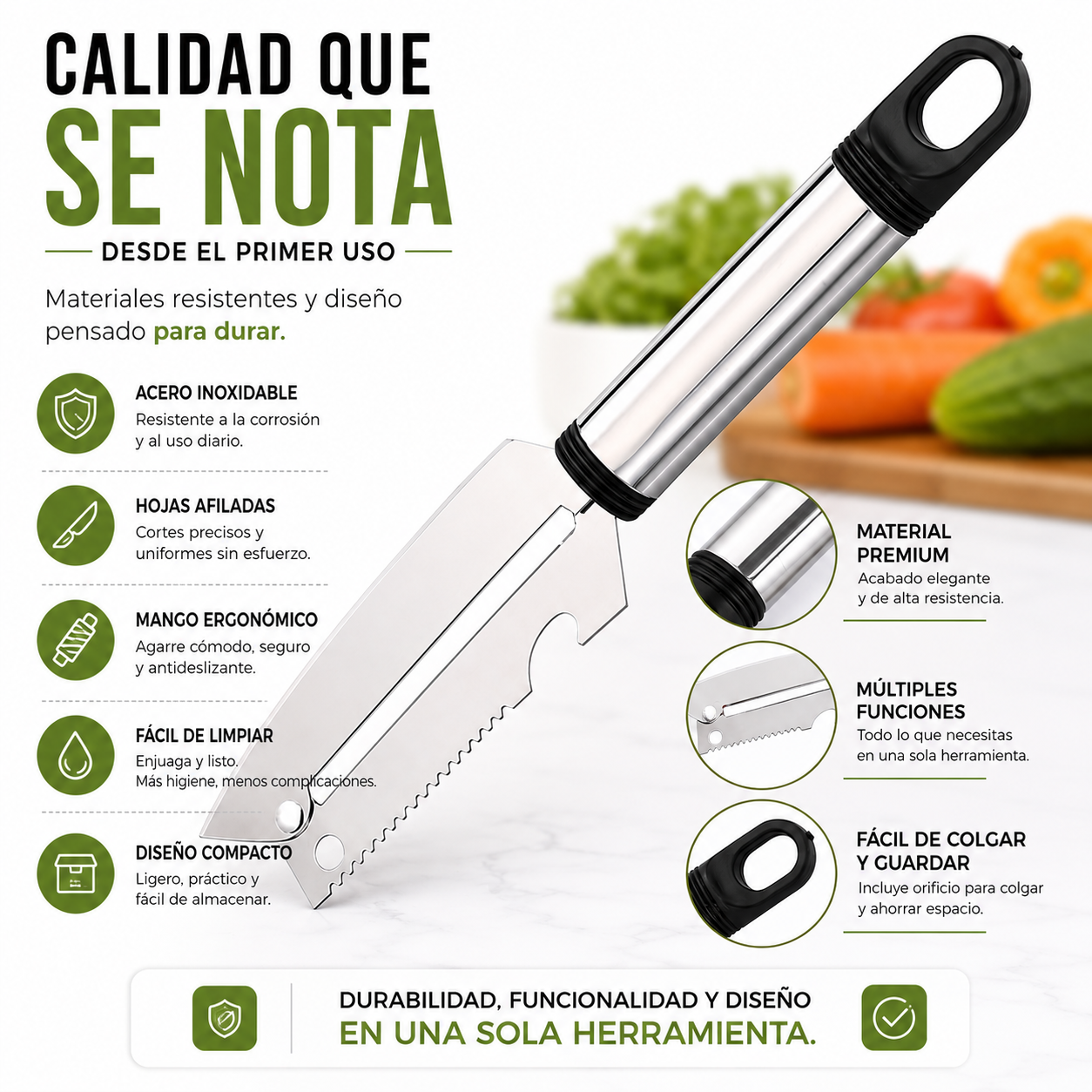 PELADOR MULTIFUNCIONAL 6 EN 1™ Más rapidez, menos esfuerzo y una cocina mucho más práctica