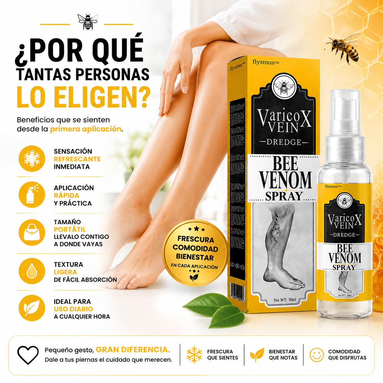 VARICOX VEIN BEE VENOM SPRAY™ Sensación de frescura y ligereza para el cuidado diario de tus piernas