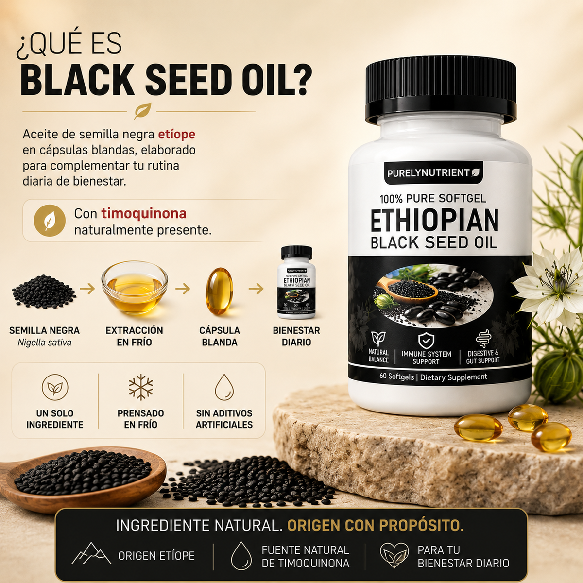 ETHIOPIAN BLACK SEED OIL™ Una forma más sencilla de acompañar tu bienestar diario.