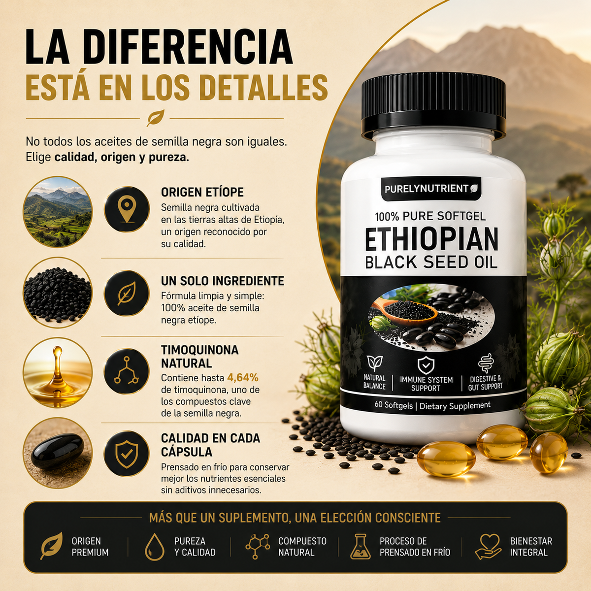 ETHIOPIAN BLACK SEED OIL™ Una forma más sencilla de acompañar tu bienestar diario.