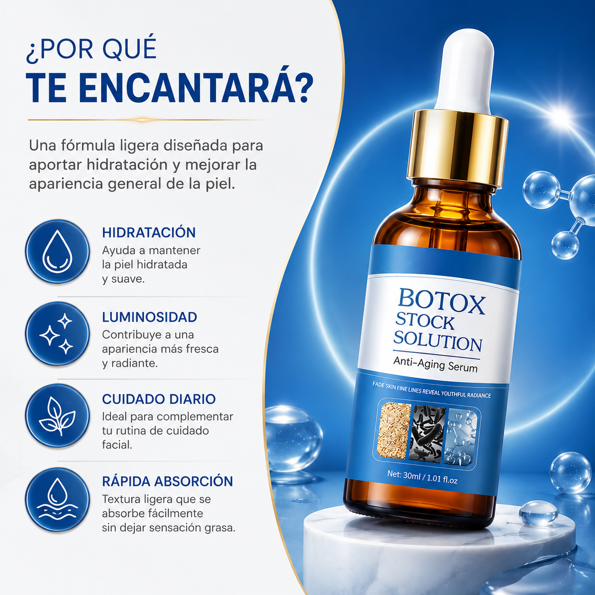 BOTOX STOCK SOLUTION™  Dale a tu piel una apariencia más suave, hidratada y radiante todos los días.
