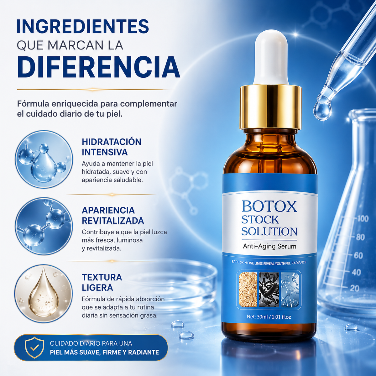 BOTOX STOCK SOLUTION™  Dale a tu piel una apariencia más suave, hidratada y radiante todos los días.