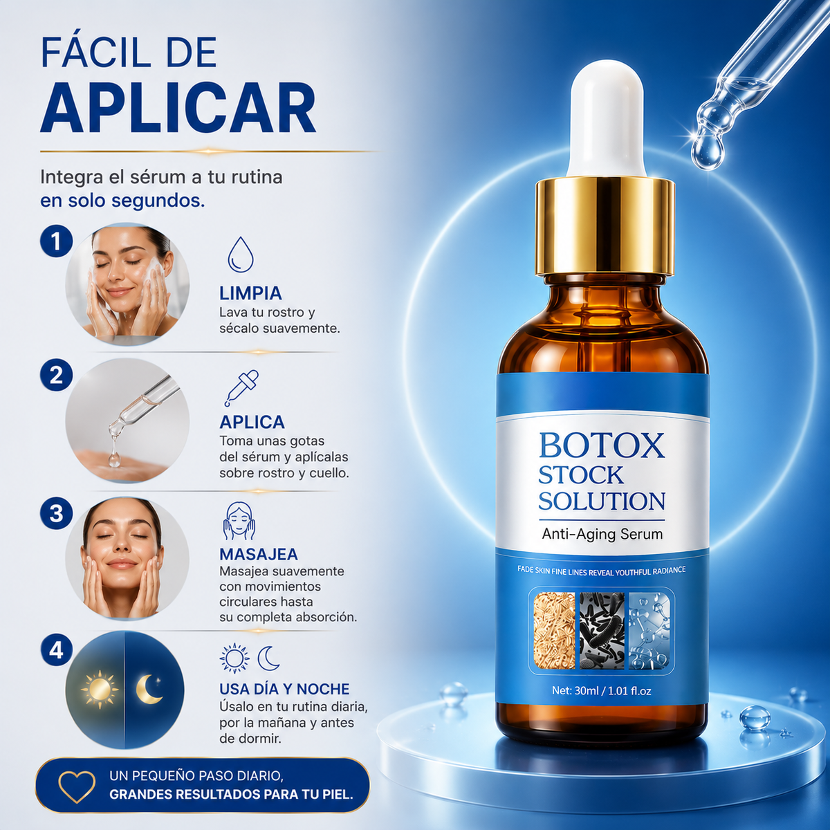 BOTOX STOCK SOLUTION™  Dale a tu piel una apariencia más suave, hidratada y radiante todos los días.