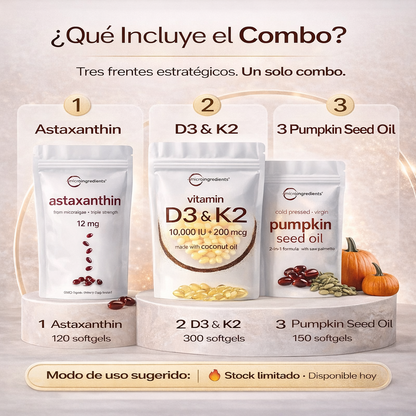 Kit Regenerativo Premium 3X – Astaxantina 12mg + Vitamina D3 K2 + Pumpkin Seed Oil