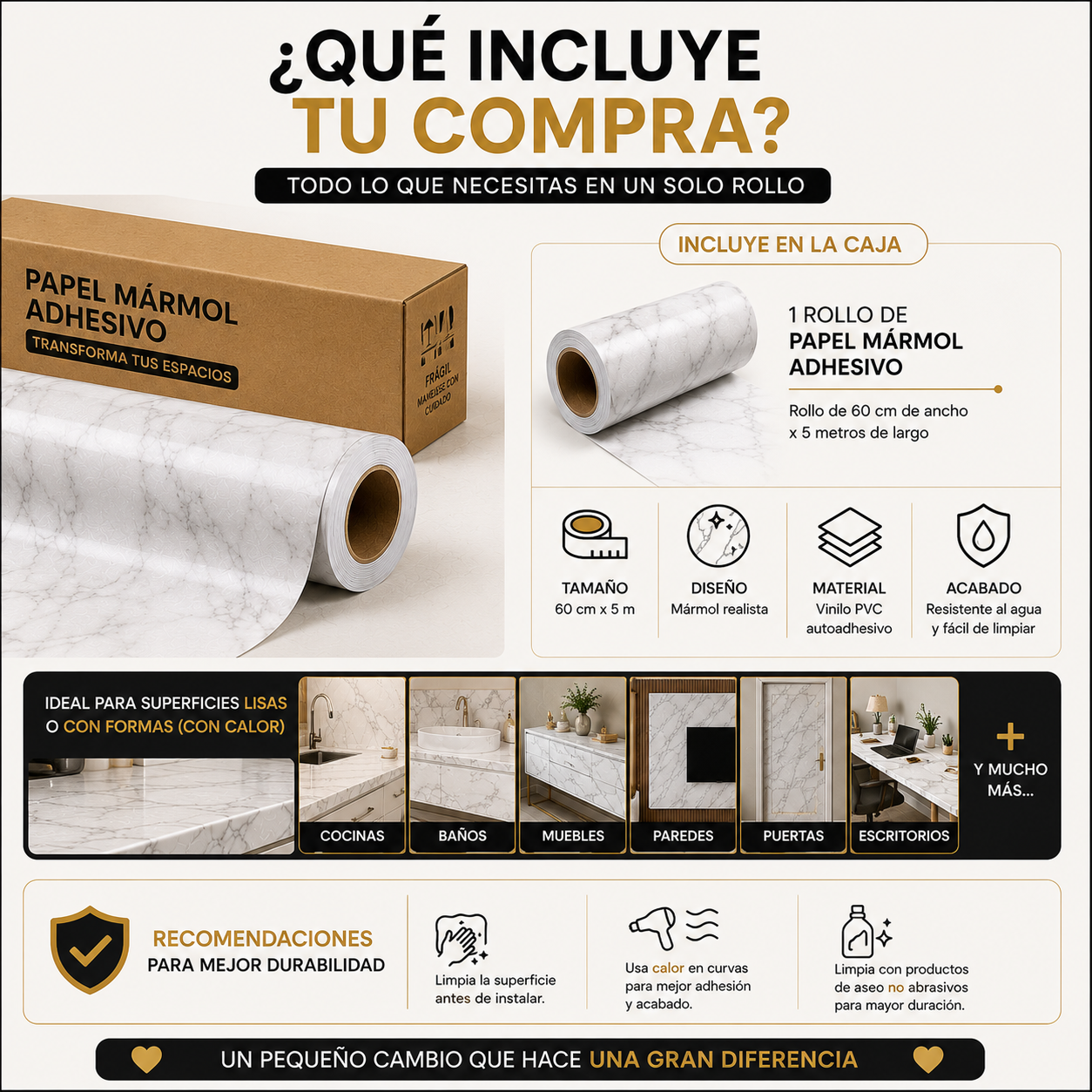 Papel Mármol Adhesivo Premium - Renueva tus espacios fácil, rápido y sin remodelaciones costosas