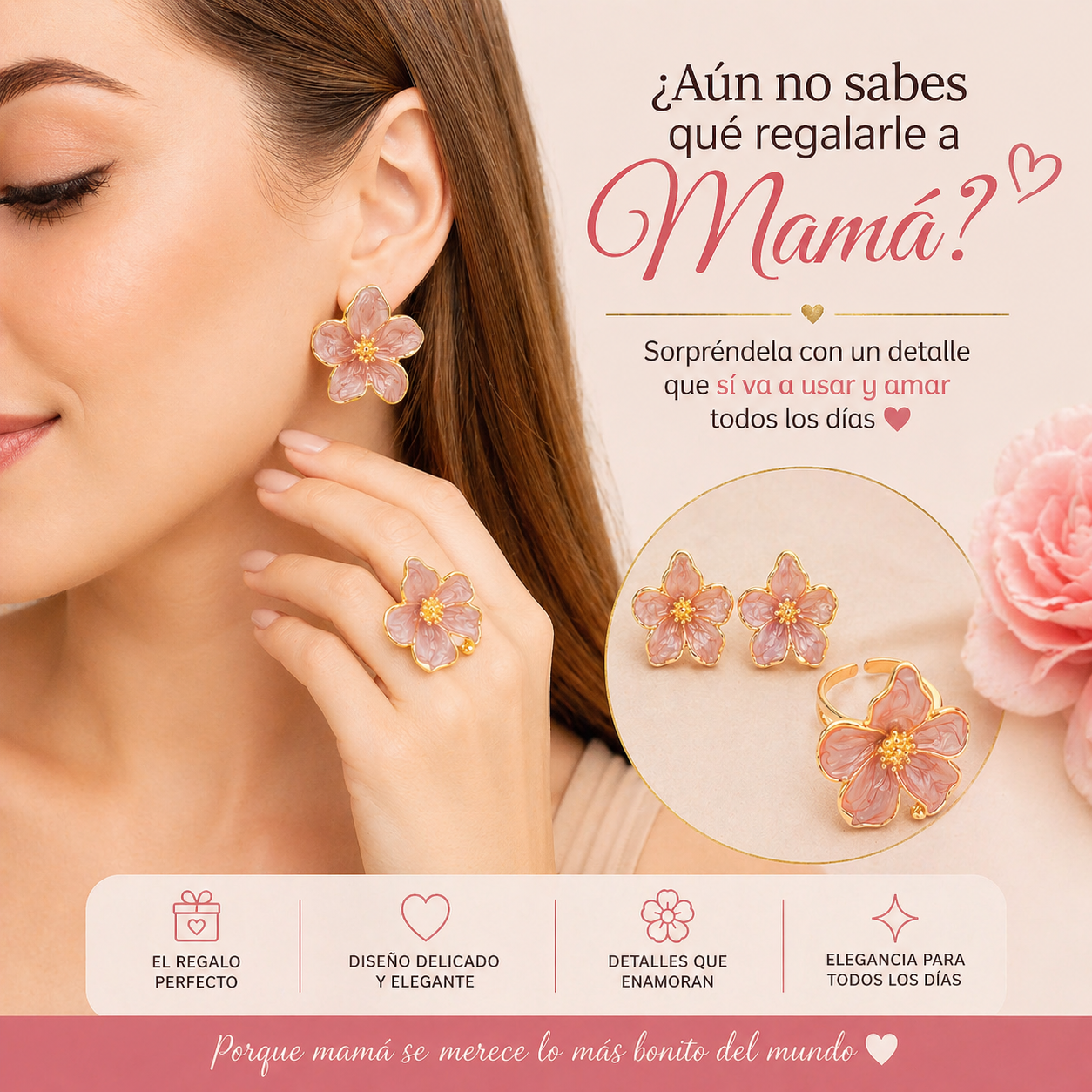 Set Floral Elegante (Aretes + Anillo Ajustable) 💝 El Regalo que Mamá Va a Usar y Amar Todos los Días