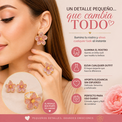 Set Floral Elegante (Aretes + Anillo Ajustable) 💝 El Regalo que Mamá Va a Usar y Amar Todos los Días