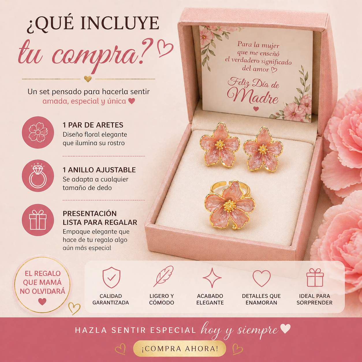 Set Floral Elegante (Aretes + Anillo Ajustable) 💝 El Regalo que Mamá Va a Usar y Amar Todos los Días