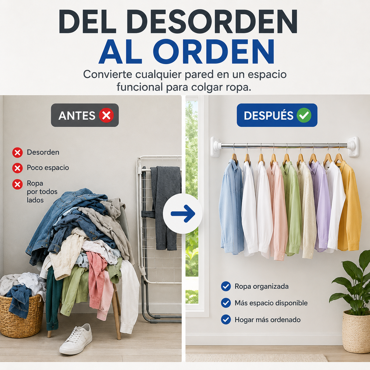 Barra Plegable Expandible - Convierte Cualquier Pared en un Espacio Inteligente para Organizar tu Hogar